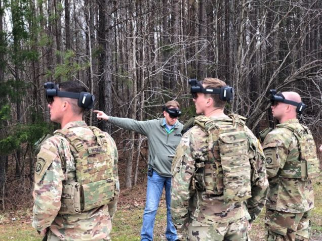 US Army soldiers using their IVAS HUD, based on the Microsoft HoloLens, during a test event.