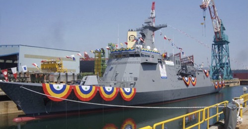 The first of two José Rizal-class frigates seen here shortly after being launched in Ulsan on 23 May 2019.