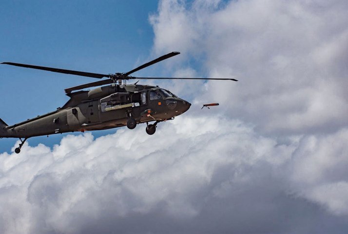 The Altius 600 UAS being launched from a UH-60 helicopter at low altitudes and in the hover position during a trial. 