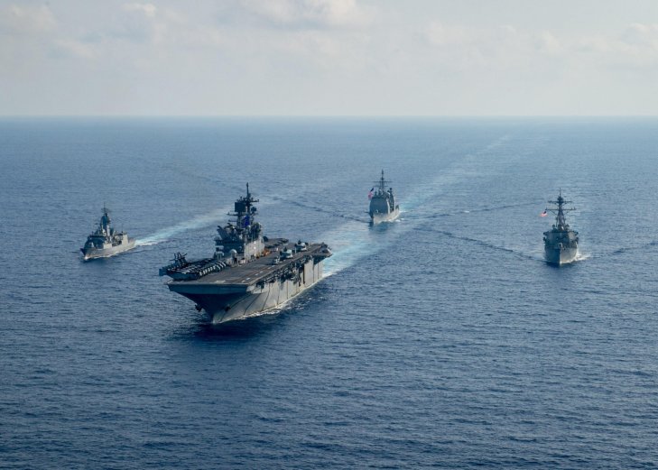 
        RAN guided-missile frigate HMAS 
        Parramatta
         (FFH 154), left, sails with USN amphibious assault ship USS 
        America
         (LHA 6), guided-missile cruiser USS 
        Bunker Hill
         (CG 52), and guided-missile destroyer USS 
        Barry
         (DDG 52) on 18 April as part of joint training activities in the South China Sea, a move that was criticised by Beijing.
      