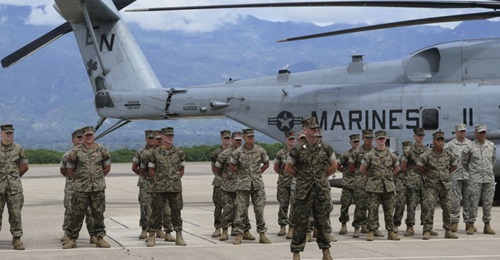 US Marines participate in the 21 June 2019 SPMAGTF-SC opening ceremony at Soto Cano Air Base outside of Comayagua, Honduras.