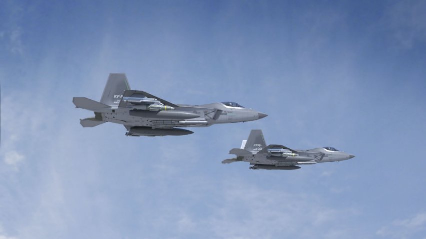 A computer-generated image showing two KF-X fighter aircraft equipped with Meteor BVRAAMs, forward-looking infrared pods, and Joint Direct Attack Munitions.