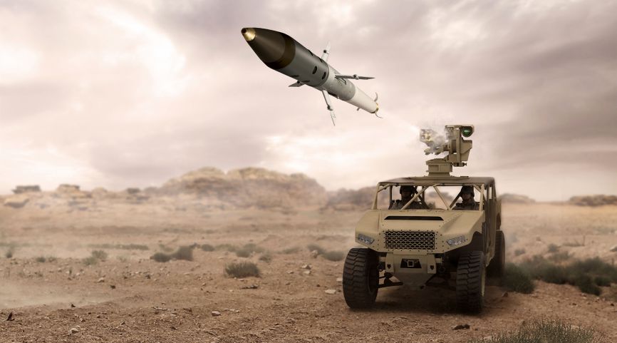 Artist’s rendering of an APKWS II launch from an Arnold Defense Land-LGR4 ‘Fletcher' 2.75-inch/70 mm laser-guided rocket launcher for ground vehicles.