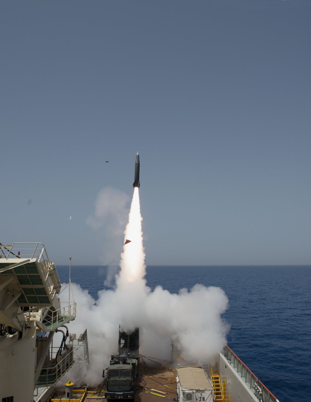 One of the two LORAs is launched from a wheeled launcher embarked on the civilian ship used for the test.