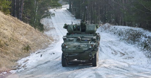 US soldiers with 4th Squadron, 2nd Cavalry Regiment conduct a live fire exercise using the 30 mm Stryker Infantry Carrier Vehicle-Dragoon at the 7th Army Training Command's Grafenwoehr Training Area, Germany, in February 2018. The service is in the mid...