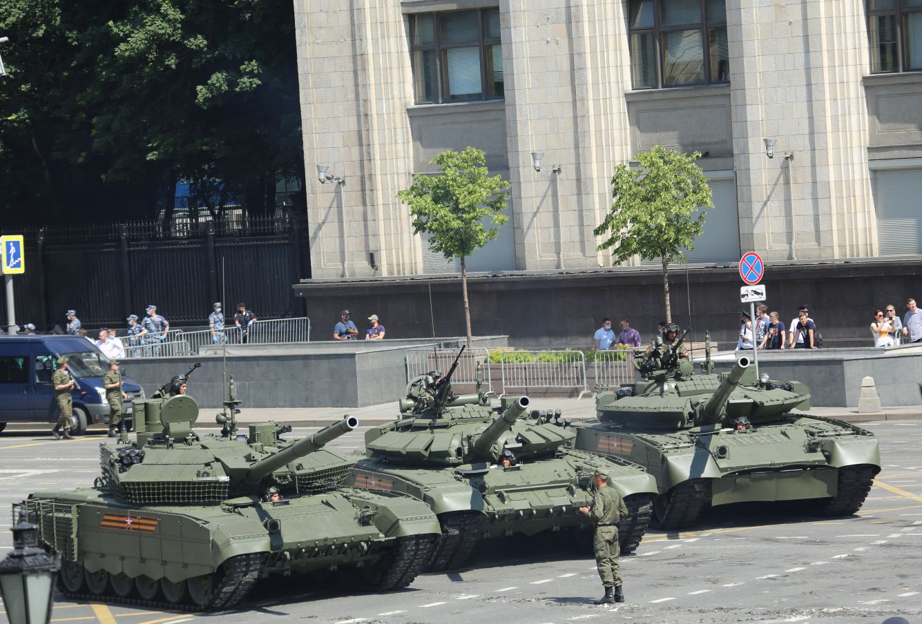 A trio of Russia’s MBTs participated in the Victory Day parade in Moscow on 24 June: the T-90M Proryv (Breakthrough) tank (left), the T-72B3M obr. 2016 (centre), and the T-80BVM (right). (Nikolai Novichkov)