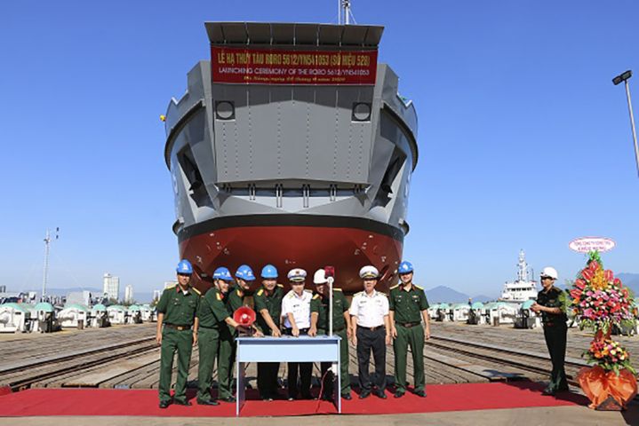 The third 57 m landing ship on order for the People’s Army of Vietnam Navy, seen here at its launch ceremony. (General Department of Defence Industry, Vietnam Ministry of Defence)