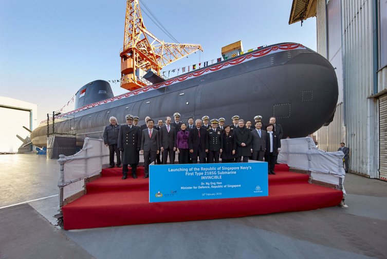 Invincible
        , the first of four Type 218SG submarines on order for the RSN, is seen here during a launch ceremony held in Kiel, Germany, in February 2019. Handover of the boat is expected to be deferred to 2022 owing to the Covid-19 pandemic.
       (ThyssenKrupp Marine Systems)