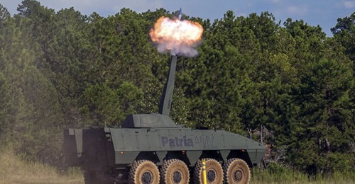 The Patria AMV fitted with a Nemo 120 mm turret-mounted mortar at Fort Benning during a 2019 demonstration. The company is now teaming up with Kongsberg Defence on the 120 mm turret for the US market.