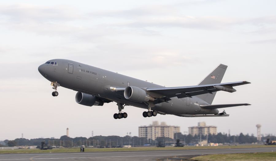 A Boeing KC-46A Pegasus takes off from Yokota Air Base, Japan, on 28 October 2018. General David Goldfein, USAF chief of staff, believes the KC-46A will overcome its troubled development to become an essential platform as did the C-17, which was once threatened to be cancelled early. (US Air Force)