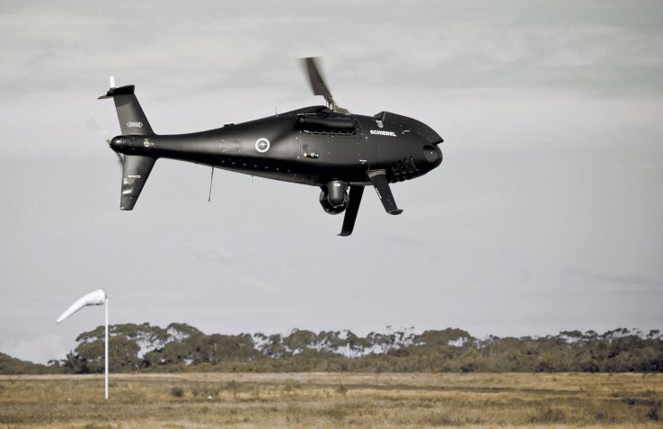 The aviation gasoline-powered S-100 unit in Royal Australian Navy livery. The service has since commenced shipborne trials with heavy-fuel-powered units.  (Schiebel)