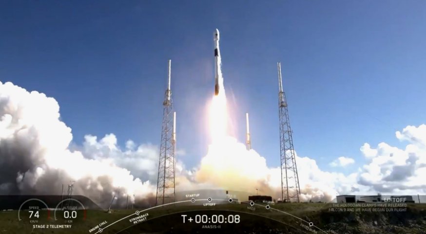 A screengrab from video footage showing the launch of South Korea’s first dedicated military communications satellite, ANASIS-II, on 20 July from Cape Canaveral Air Force Station aboard a Falcon 9 two-stage rocket from SpaceX. (SpaceX)