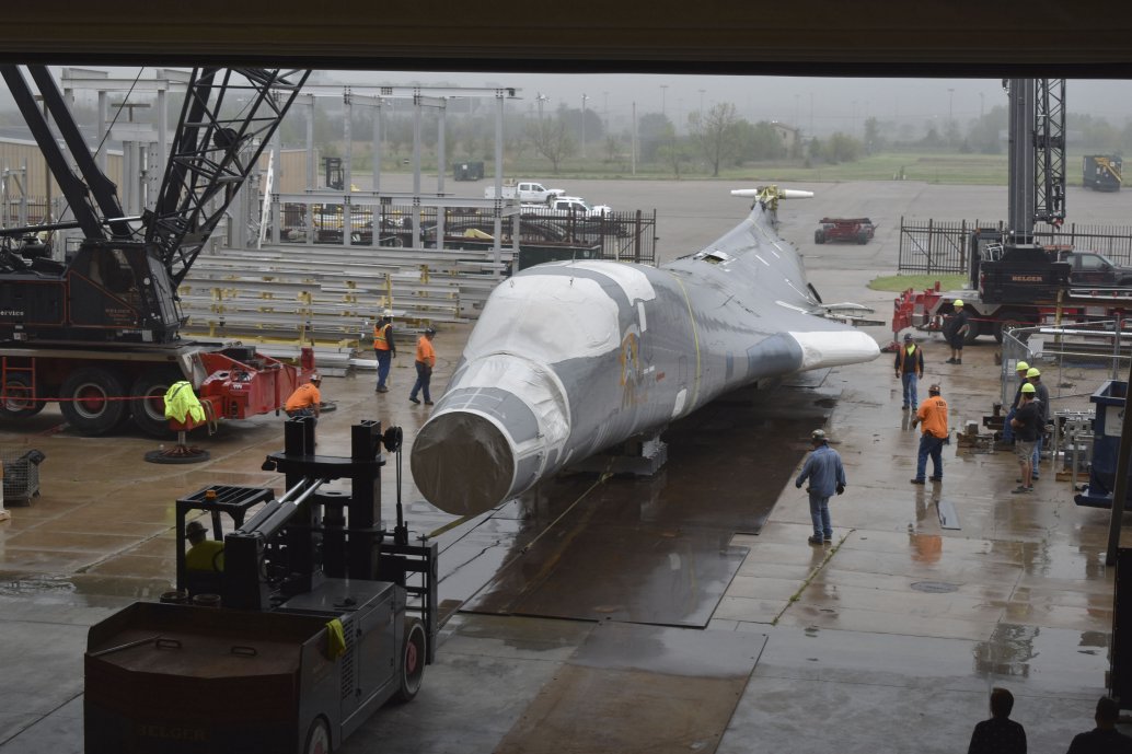 A B-1B being disassembled for virtual modelling by Wichita State University’s National Institute for Aviation Research. The aircraft’s tail number is 85-0092. (National Institute for Aviation Research)