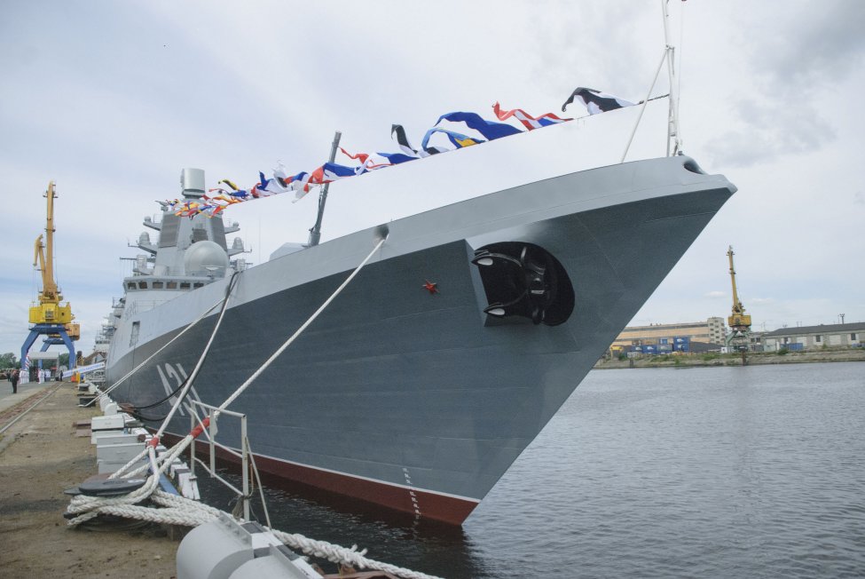 
        The Russian Navy’s second Admiral Gorshkov (Project 22350)-class frigate 
        Admiral Kasatonov
         during its ship acceptance ceremony on 16 July. The frigate was commissioned into service on 21 July.
       (Oleg Kuleshov )