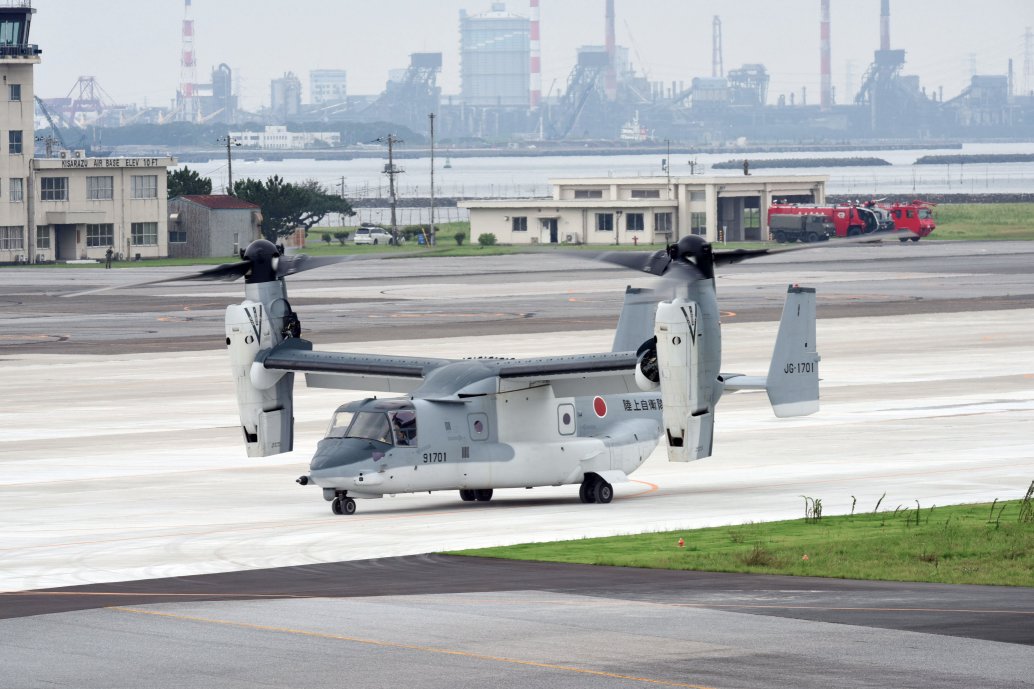 The JGSDF’s second Bell Boeing MV-22B Osprey tiltrotor aircraft is seen here shortly after arriving at Camp Kisarazu in Chiba Prefecture on 16 July. (JGSDF)