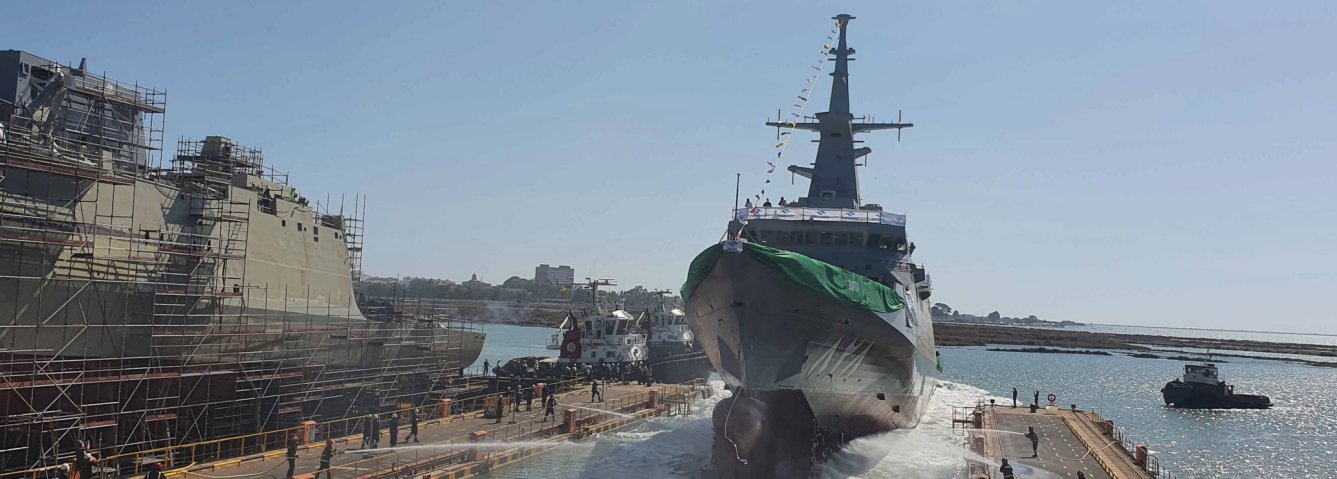 Al Jubail
         is launched at Navantia’s San Fernando yard. 
        Al Diriyah
         can be seen on the left.
       (Navantia)