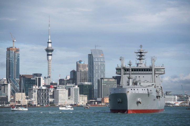 Aotearoa
        , the RNZN’s new fleet tanker/replenishment vessel is seen here sailing into Auckland Harbour on 26 June following a 15-day journey from the South Korean coastal city of Ulsan. The vessel was commissioned on 29 July in a ceremony held at Devonport Naval Base. 
       (RNZN)