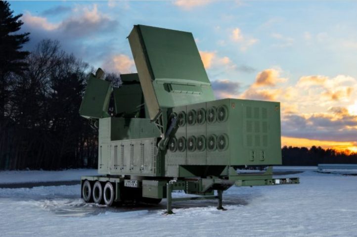 A full-scale mock-up of Raytheon Technologies’ Lower Tier Air and Missile Defense Sensor (LTAMDS). Programme officials have selected Orolia Defense & Security to support PNT capabilities for the platform (Raytheon)