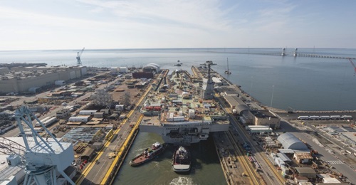 Newport News Shipbuilding is nearly three-quarters complete with the building of aircraft carrier 
        
         which was launched in December.