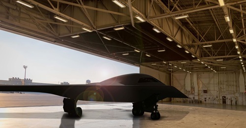 Artist's rendering of a B-21 concept in a hangar at Whiteman Air Force Base in Missouri. The UASF is now moving toward producing the aircraft and proceeding with developmental flight test activities to inform future fixes.