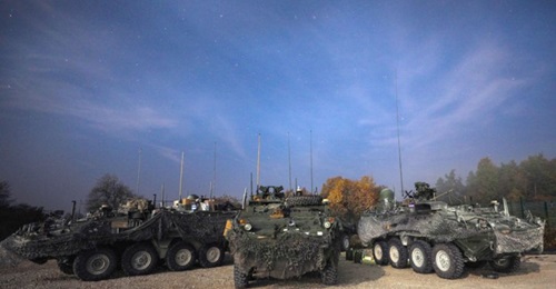 Stryker Infantry Carrier Vehicles make up the tactical action centre for the 2nd Cavalry Regiment during Dragoon Ready in Hohenfels, Germany, in 2018. Industry has until 24 August to deliver its MCWS proposals to the US Army.