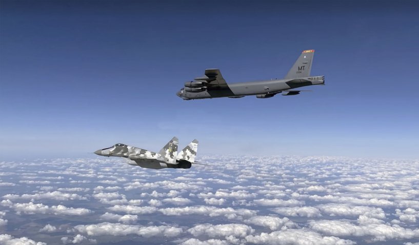 A USAF B-52 escorted by a Ukrainian Air Force MiG-29 over Ukraine on 4 September. (Ukranian MoD)