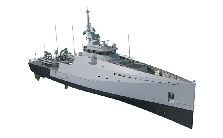 A computer-generated image of Damen’s Stan Patrol 6211 concept. The Royal Malaysian Navy is considering a 68 m variant of this concept, known as the Stan Patrol 6811, as a contender for the Littoral Mission Ship Batch 2 project. (Damen)