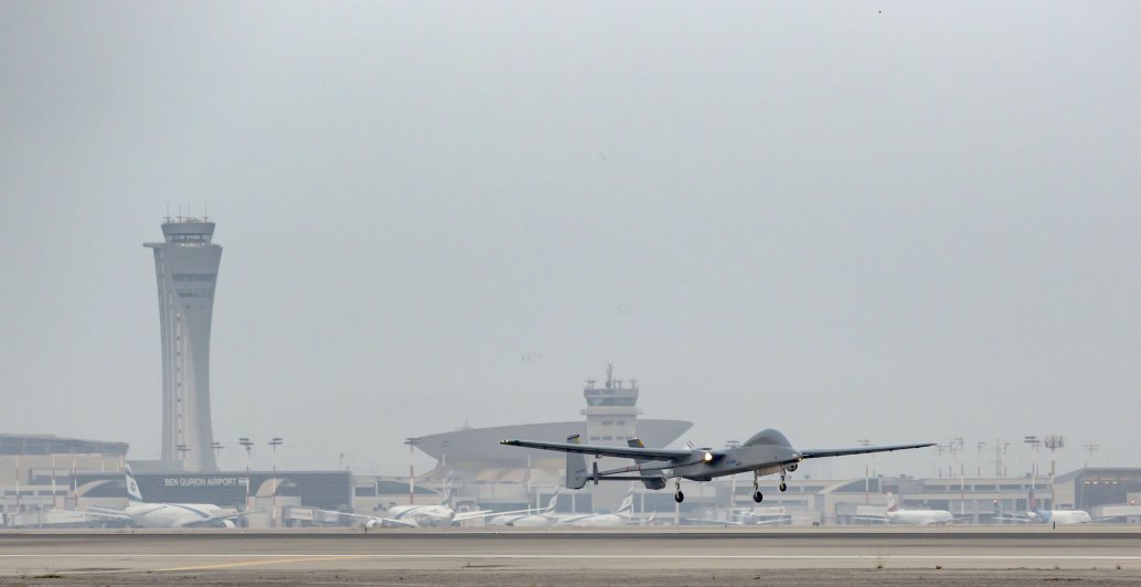 A Heron UAV landing at Ben Gurion International Airport on 16 September, marking a first for unmanned operations. (IAI)