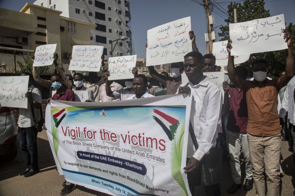 Hundreds of Sudanese demonstrate outside the UAE Embassy in Sudan to protest their recruitment by the UAE’s Black Shield Security Services to fight for the LNA in Libya. (Mahmoud Hjaj/Anadolu Agency via Getty Images)