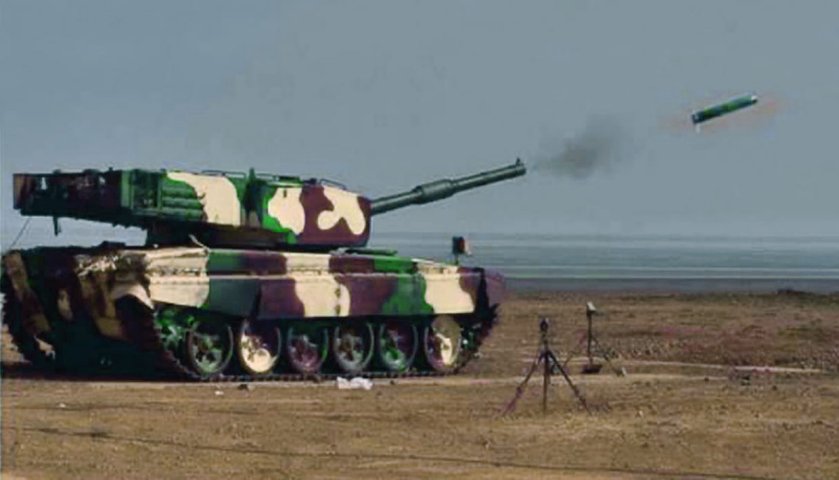 An Arjun MBT is seen here test-firing a locally developed laser-guided anti-tank missile at a firing range in Ahmednagar, western India. (DRDO)