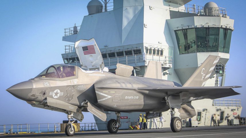 
        One of 10 US Marine Corps F-35Bs from VMFA-211 that embarked aboard HMS
        Queen Elizabeth
        on 22 September.
       (Crown Copyright)