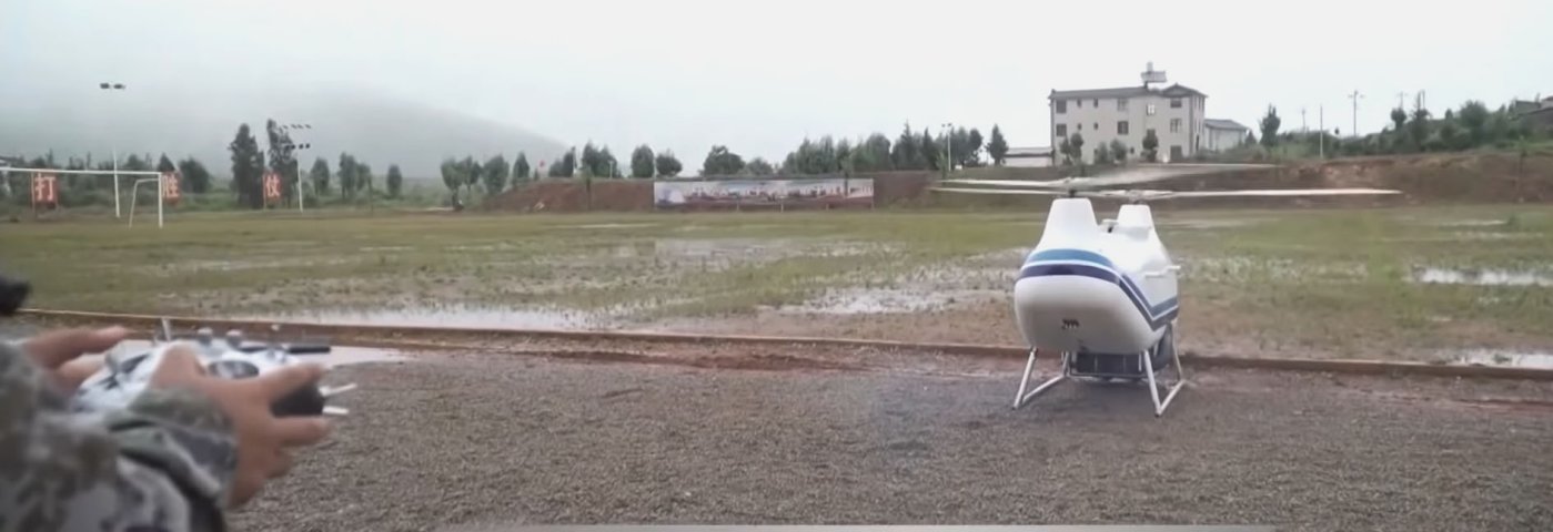 A screengrab from CCTV 7 footage released on 23 September showing the ZC300 tandem-rotor UAV being used in an exercise organised by the Guilin Joint Logistic Support Centre in southern China. (CCTV)