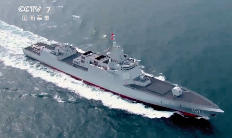 
        A screengrab from CCTV 7 video footage released on 6 October showing 
        Nanchang
        , the People’s Liberation Army Navy’s first Type 055-class destroyer.
       (CCTV)