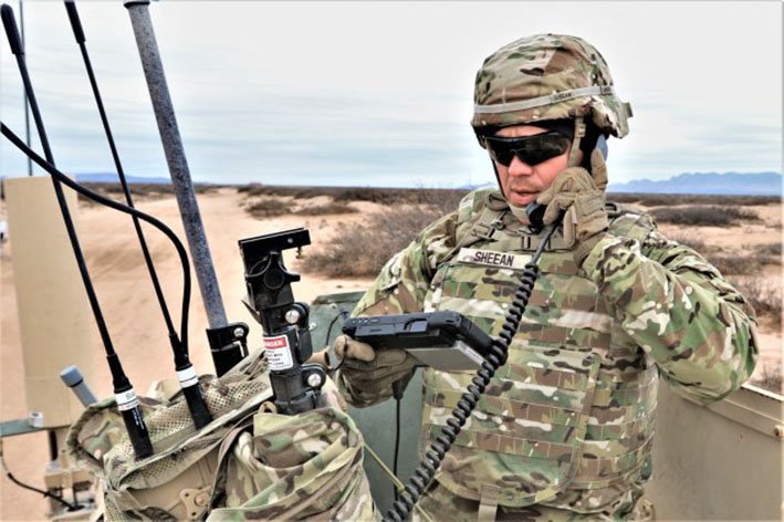 A US Army soldier conducts field tests of a prototype networked communication system in February 2019 at Fort Bliss, Texas. Army leaders are exploring use of commercial broadband technologies to support LEO satellite communication operations (US Army )