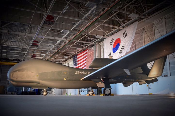 An image released on 19 April by US Ambassador to South Korea Harry Harris showing the first and second RQ-4 Global Hawk UAVs received by the RoKAF. (US government/Via US Ambassador Harry Harris Twitter account)