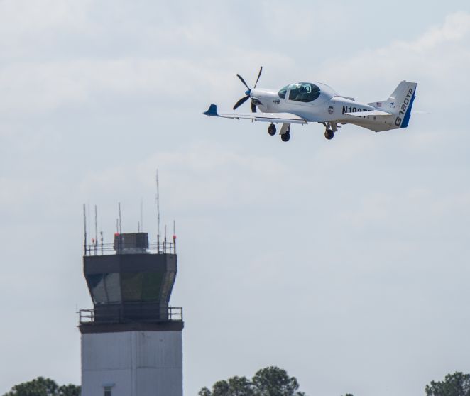 A Grob G 120TP twin-seat turboprop in CAE colours. The company is close to contracting its first international customer for a full-spectrum training programme covering academic, simulation, and live-flight services. (CAE USA)