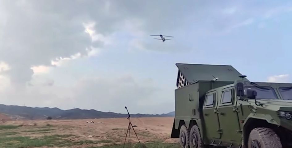 CETC released footage on 13 October showing a multiple UAV launch system based on a modified Dongfeng Mengshi 6×6 CTL181A armoured vehicle. (CETC)