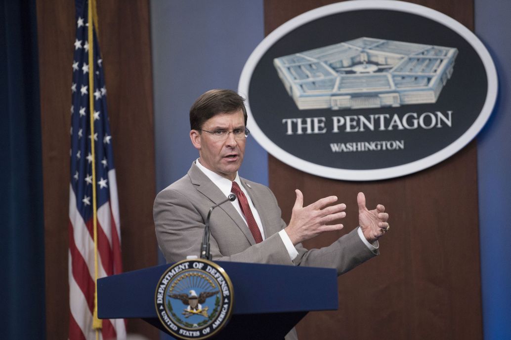 Former Defense Secretary Mark Esper briefed the press in March. Trump announced on 9 November that he had fired Esper.  (DoD)