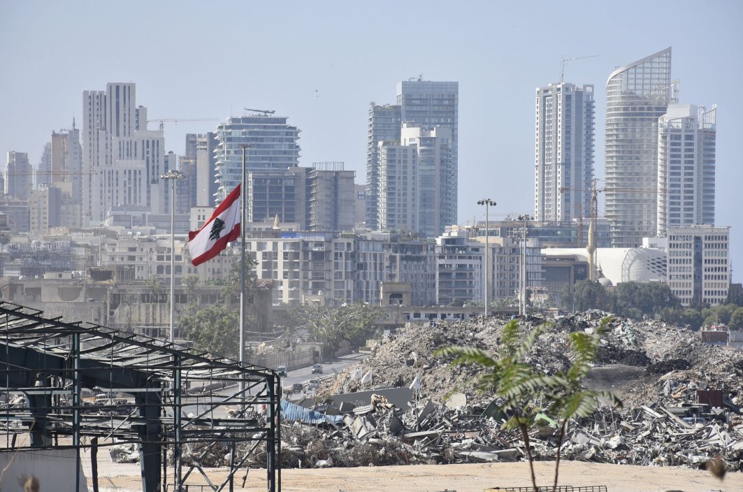 A view of wreckage on 7 November 2020 at the site of the 4 August explosion in the port of Beirut. Lebanon’s government has been incapacitated since the then prime minister Hassan Diab resigned after the explosion. (Mahmut Geldi/Anadolu Agency via Getty Images)