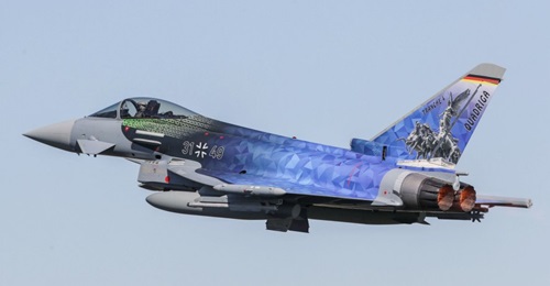 A Luftwaffe Eurofighter sporting a special 'Quadriga' paint scheme. Germany has ordered 38 new aircraft to be built to this Tranche 4 standard, with deliveries to commence in 2025.