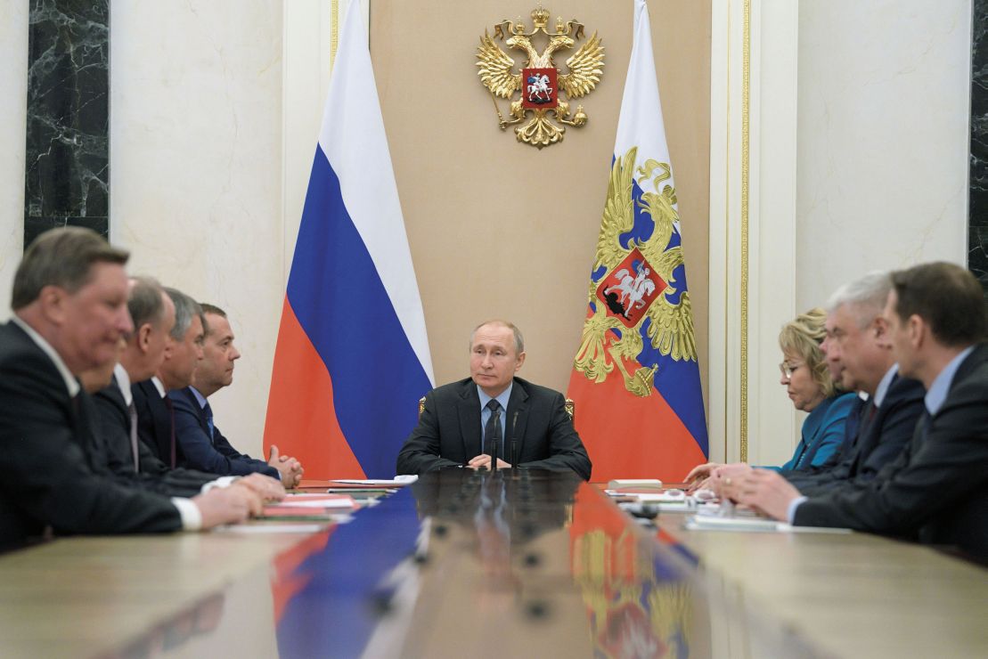 Russian President Vladimir Putin chairs a meeting with members of the Security Council at the Kremlin in Moscow on 5 April 2019. The remit and power of the Security Council have expanded since 2011. (Alexei Druzhinin/AFP via Getty Images)