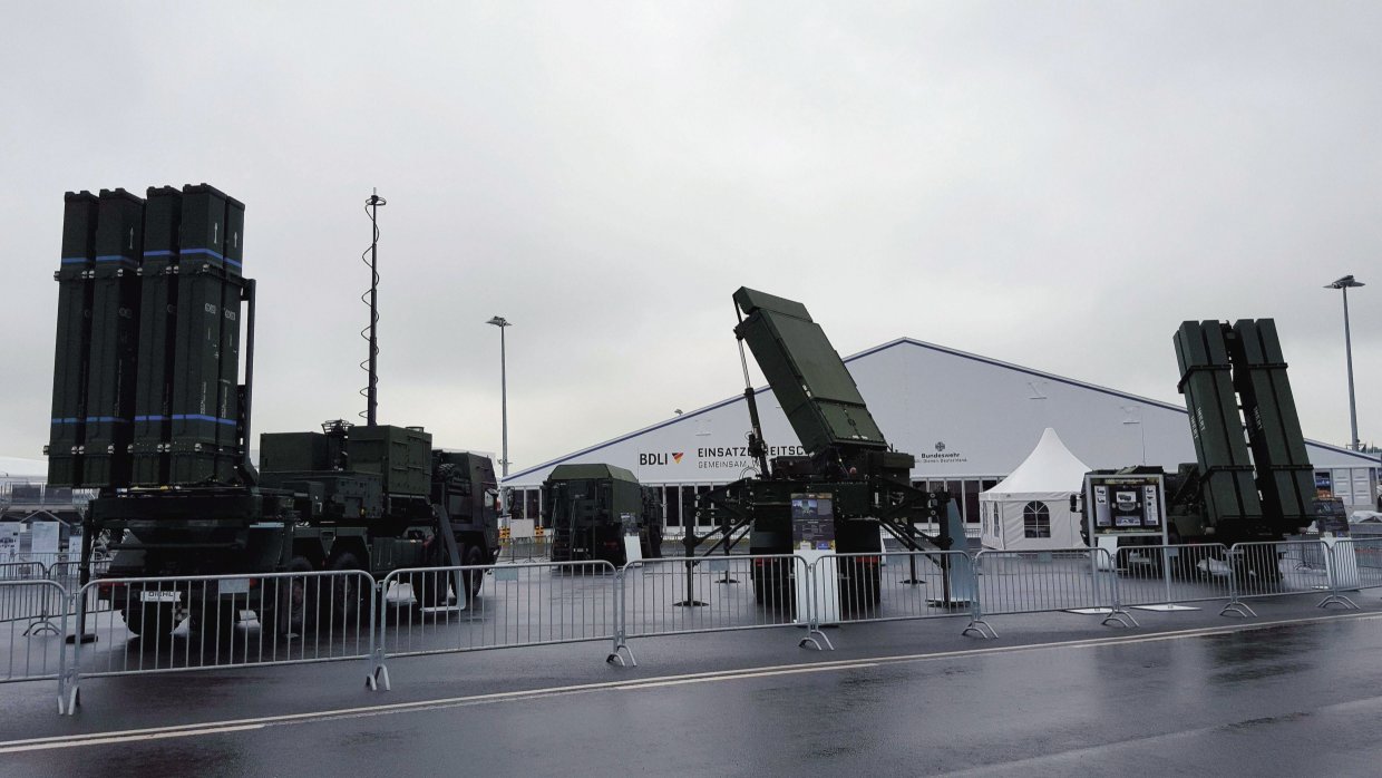 The components that make a MEADS battery displayed at a recent ILA Berlin Airshow. Germany has again delayed its TLVS air-defence project for which MEADS was selected, with no new contract in 2021 as previously expected. (Janes/Gareth Jennings)