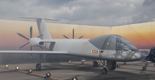 The Eurodrone, also known as European MALE RPAS and EuroMALE, is now being developed by Germany, Italy, France, and Spain. This full-scale mock-up was revealed at the ILA Berlin Airshow in 2018.
