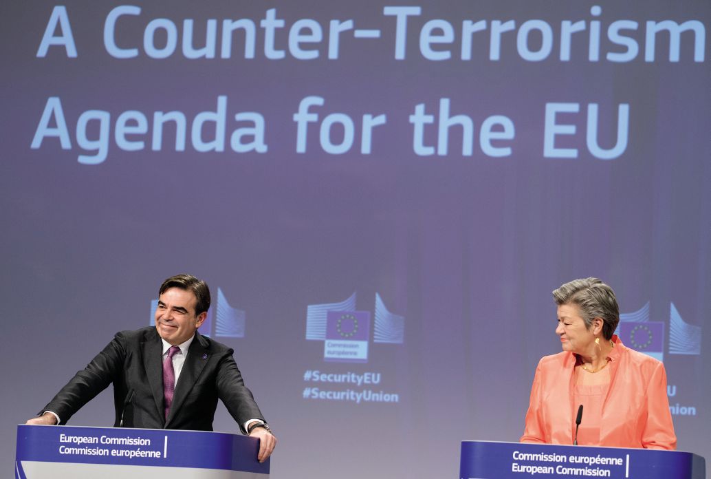 EU commissioner for promoting the European way of life and European Commission vice-president Margaritis Schinas (left) and EU commissioner for home affairs Ylva Johansson (right) reveal new counter-terrorism measures and a stronger Europol mandate at the Berlaymont in Brussels, Belgium, on 9 December 2020. Europol will deliver better operational support to EU member states' investigations under the proposed revised mandate. (Thierry Monasse/Getty Images)