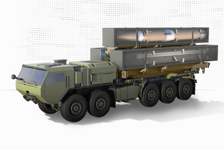 Computer-generated image of the Lockheed Martin OpFires launcher. A throttleable motor and off-road operability furnishes the hypersonic OpFires system with an agility to rapidly engage critical, time-sensitive, medium-range threats. (Lockheed Martin)