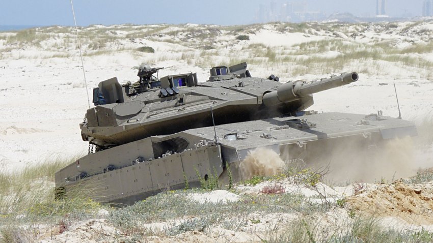 An Israel Defense Forces Merkava Mk 4 fitted with the Trophy–HV APS suite, which provides 360° defence against ATGM and RPG threats. Users are keen for APS manufacturers to upgrade systems to defeat of APFSDS long rod penetrators.  (Rafael Advanced Defense Systems)