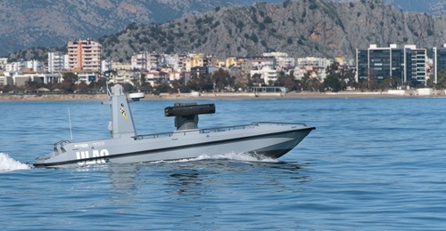 The 11 m long ULAQ armed USV prototype seen on sea trials.