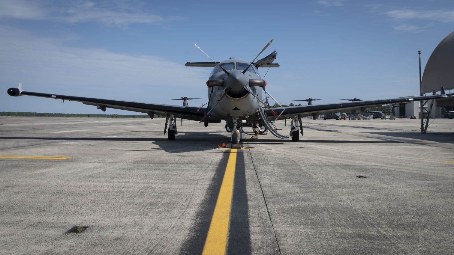 A U-28A assigned to the 319th Special Operations Squadron parked on the flight line at Hurlburt Field, Florida, on 12 August 2020. The aircraft, a modified Pilatus PC-12 turboprop utility aircraft, has reached 600,000 flight hours in USAF service. (US Air Force)