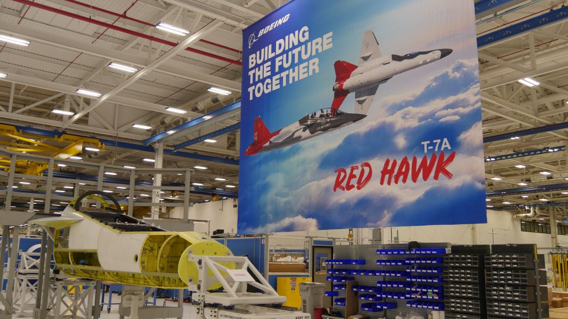 Boeing’s roughly 90% assembled static test article forward fuselage for its T-7A Red Hawk jet trainer at its St Louis, Missouri, factory. (Boeing)