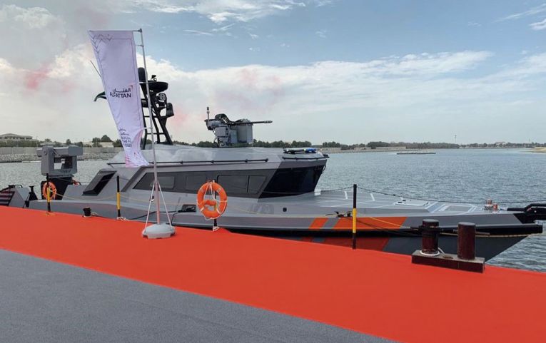 A screen capture of video imagery supplied by ADNEC of a UAE Coast Guard 16 m Al Fattan patrol craft (CG 1601). (ADNEC)